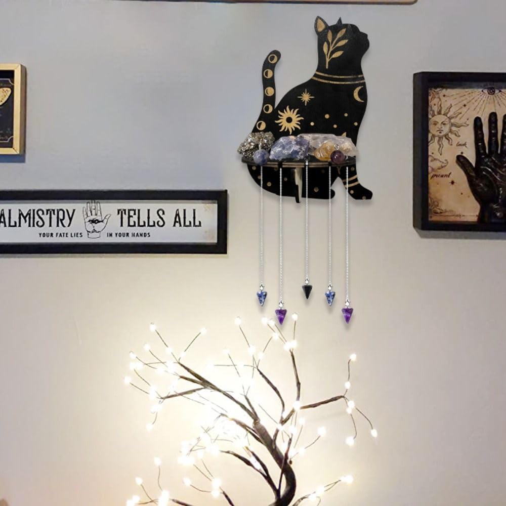 Cat-Shaped Wooden Crystal Shelf – Lovely Wall Hanging Display Stand for Crystals, Stones & Decor | Aspen Decorative Wall Storage Rack