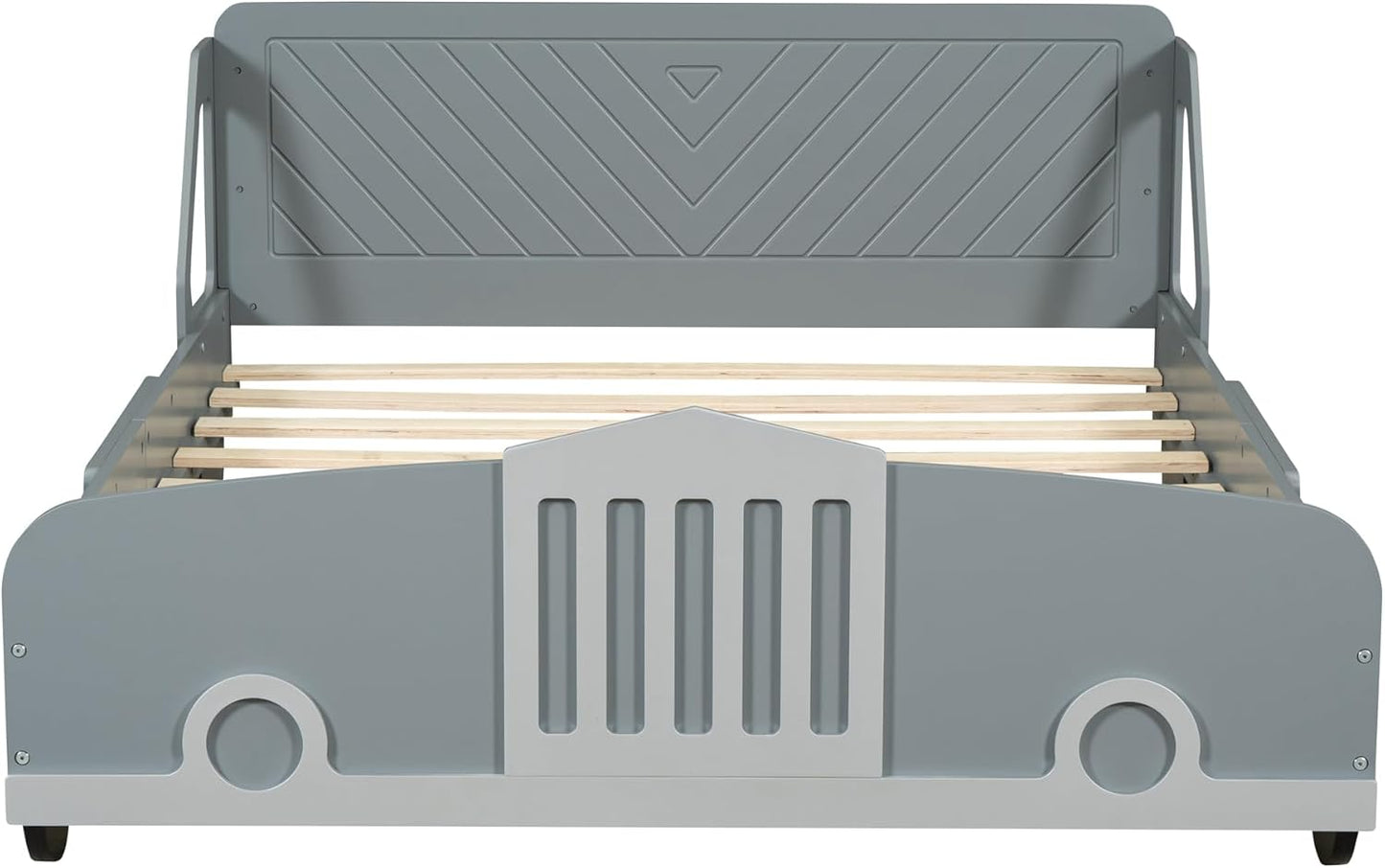 Full-Size Car-Shaped Wooden Platform Bed – Solid Wood Kids & Teens Bed Frame with Wheels and Strong Slatted Support (Gray Finish)