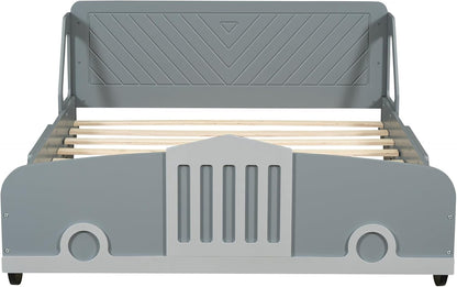 Full-Size Car-Shaped Wooden Platform Bed – Solid Wood Kids & Teens Bed Frame with Wheels and Strong Slatted Support (Gray Finish)