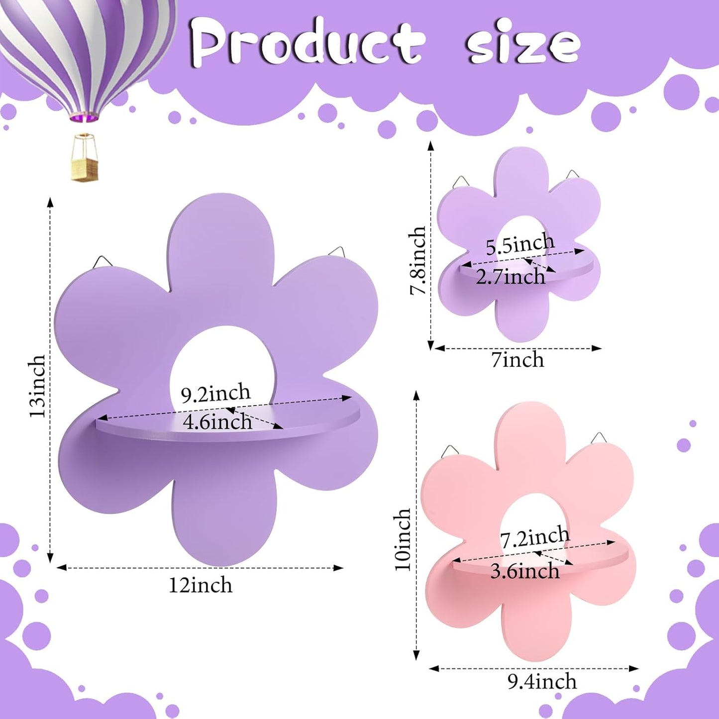 Soaoo 3-Piece Daisy Flower Wall Shelves – Boho Wooden Floating Plant Shelves & Hanging Display Racks for Living Room, Bedroom, or Bathroom (Pink, White & Yellow)