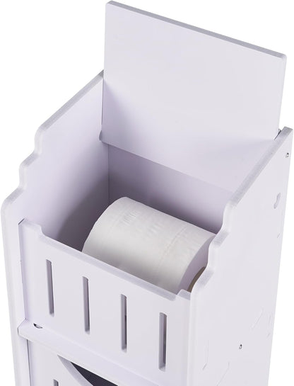 Compact Corner Bathroom Cabinet – Pearl White Farmhouse Storage Unit with Toilet Paper Holder for Narrow Spaces