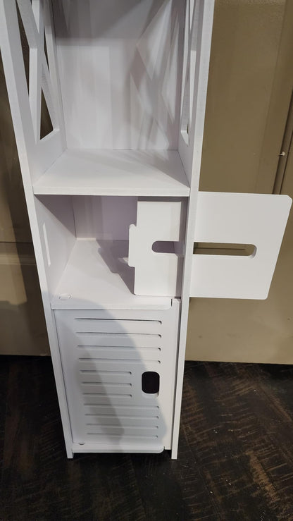 VECELO Pearl White Bathroom Corner Cabinet – Farmhouse-Style Short Storage Shelf with Magnetic Door & Toilet Paper Holder