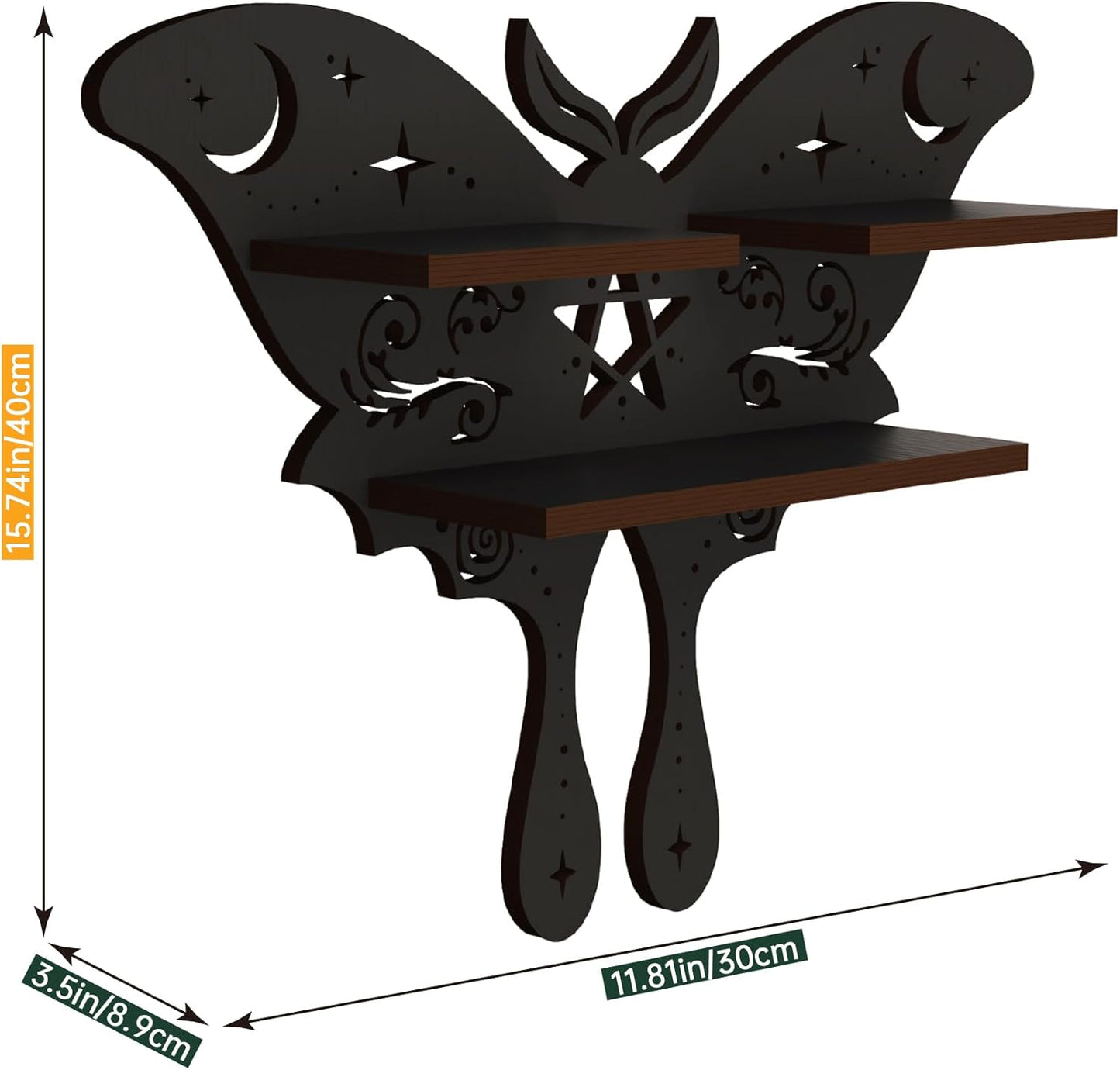 Moth of the Moon Crystal Display Shelf – Wooden Wall-Mounted Organizer for Crystals, Essential Oils & Witchy Home Décor (Style A)