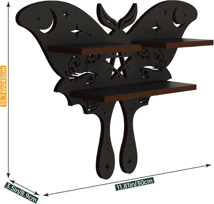 Moth of the Moon Crystal Display Shelf – Wooden Wall-Mounted Organizer for Crystals, Essential Oils & Witchy Home Décor (Style A)
