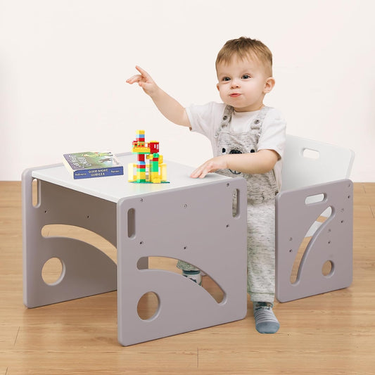 FUNLIO Montessori Toddler Table & Chair Set – Adjustable Wooden Weaning Set for Ages 1-3, Grey
