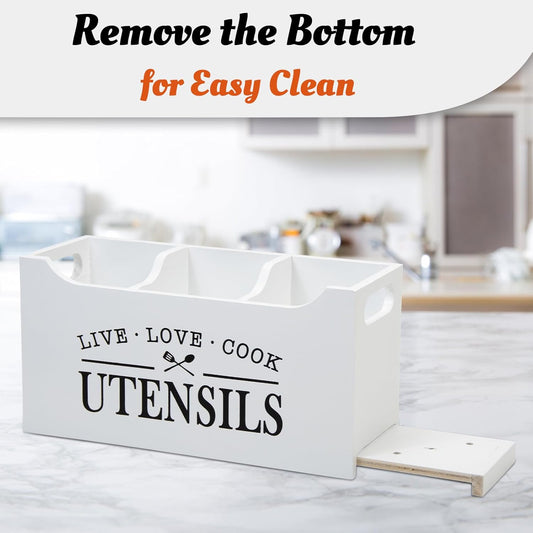 Large Wooden Utensil Holder for Kitchen Counter – “Live Love Cook” Decorative Organizer