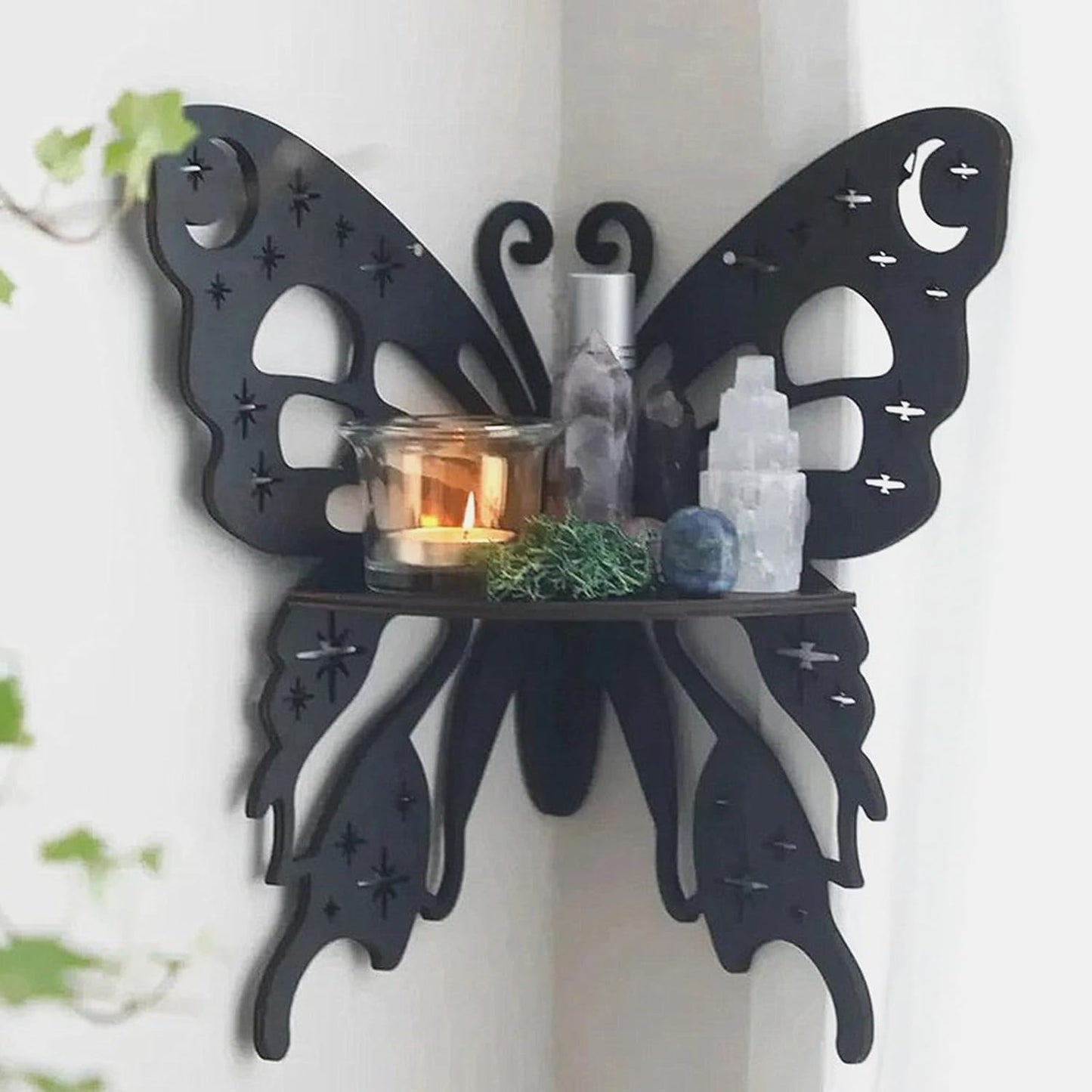 Bohemian Butterfly Moon & Star Corner Shelf – Black Wooden Floating Wall Shelf for Bedroom, Living Room & Office Décor