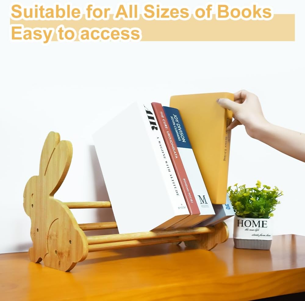Rabbit-Shaped Desktop Bookshelf – Small Bamboo Book Organizer & Magazine Rack for Kids’ Study Table or Office Desk