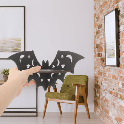 Bat-Shaped Floating Wall Shelf – 20cm Black Solid Wood Corner Rack | Rustic Bat Decor for Bedroom, Bathroom & Kitchen | Halloween & Everyday Display
