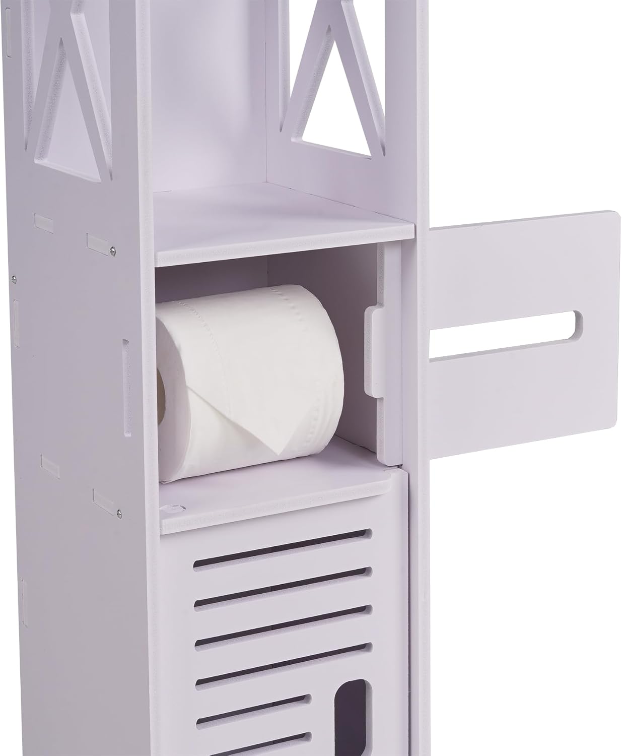 VECELO Pearl White Bathroom Corner Cabinet – Farmhouse-Style Short Storage Shelf with Magnetic Door & Toilet Paper Holder
