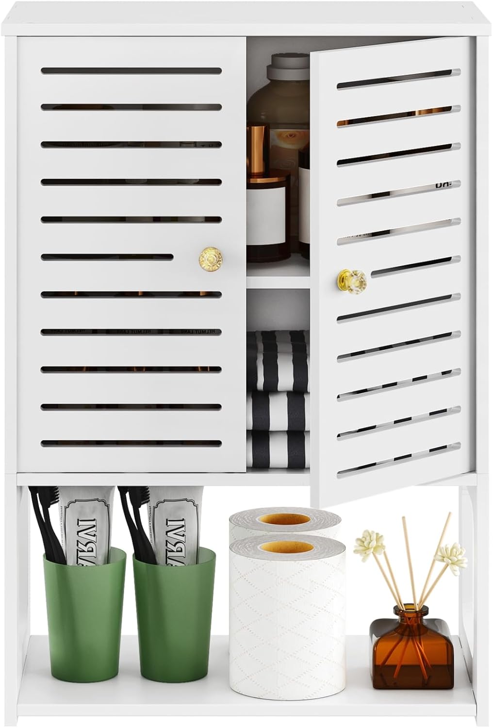 3-Tier Wall Cabinet with Doors – White Bathroom & Kitchen Organizer