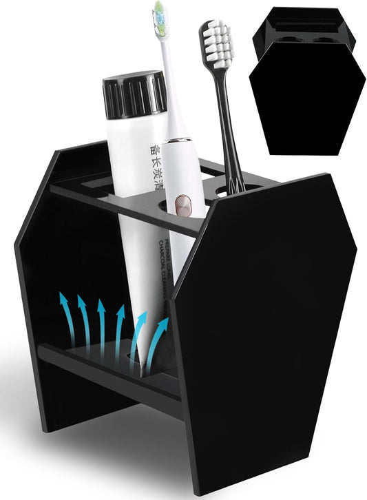 Coffin-Shaped Gothic Toothbrush Holder – Black Acrylic 3-Slot Bathroom Organizer | Spooky Halloween Decor & Gothic Bathroom Accessories