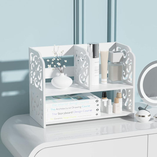 TY ARTS & CULTURE Vintage Hollow Pattern Desktop Organizer – White Desk Storage Rack for Home, Office, and Study Tables