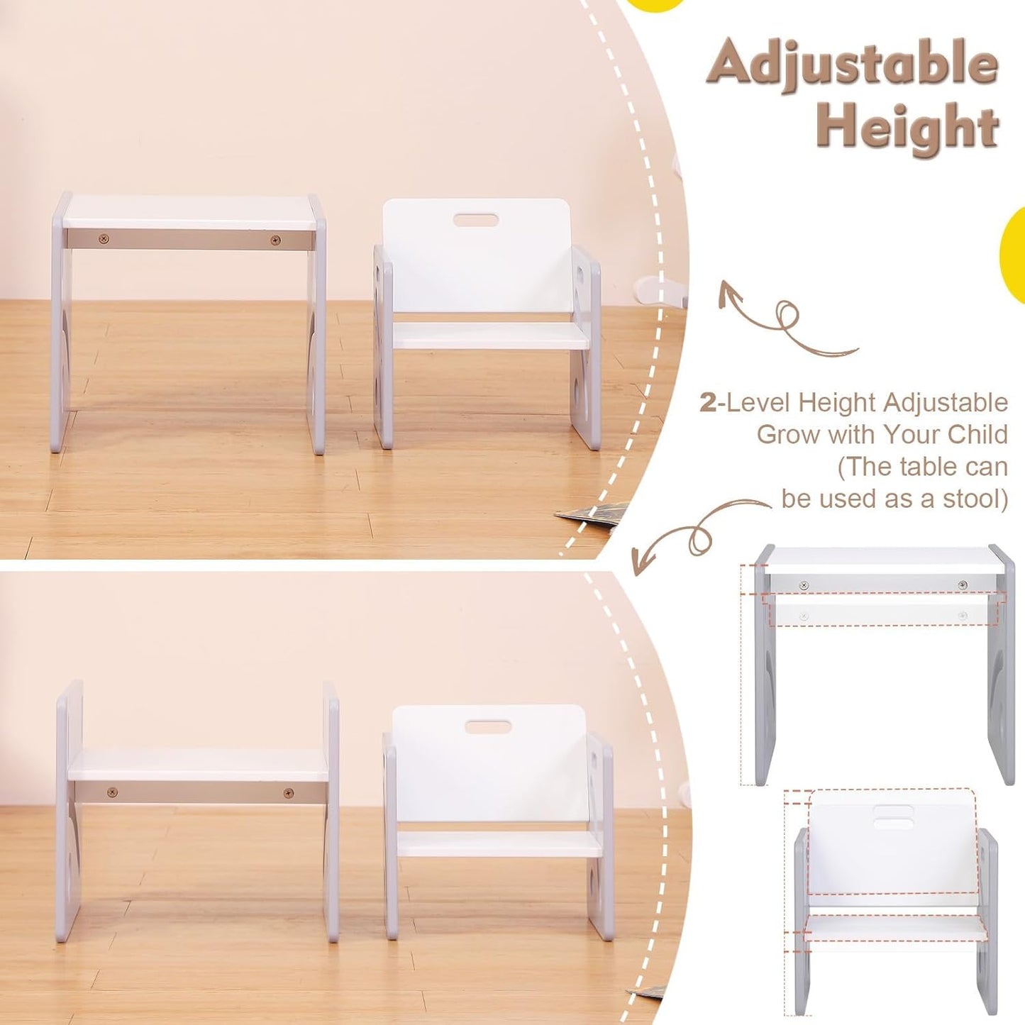 FUNLIO Montessori Toddler Table & Chair Set – Adjustable Wooden Weaning Set for Ages 1-3, Grey