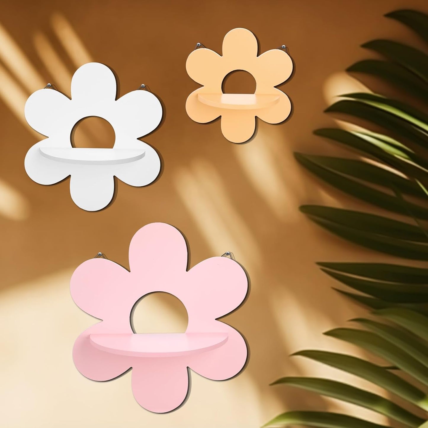 Soaoo 3-Piece Daisy Flower Wall Shelves – Boho Wooden Floating Plant Shelves & Hanging Display Racks for Living Room, Bedroom, or Bathroom (Pink, White & Yellow)