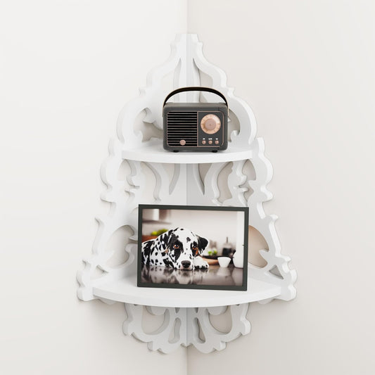 2-Tier Vintage White Corner Wall Shelf – Wooden Hanging Display Shelf with Cut-Out Design for Living Room, Bedroom & Study Décor