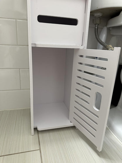 VECELO Pearl White Bathroom Corner Cabinet – Farmhouse-Style Short Storage Shelf with Magnetic Door & Toilet Paper Holder