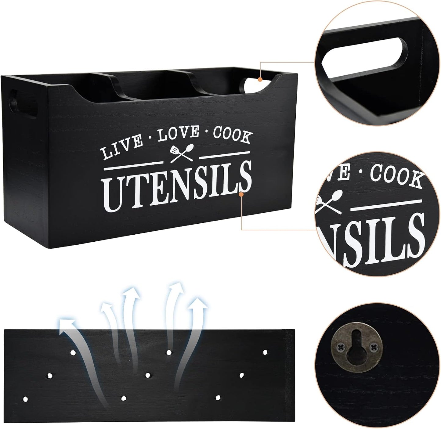 Large Wooden Utensil Holder for Kitchen Counter – “Live Love Cook” Decorative Organizer