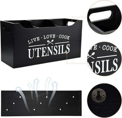 Large Wooden Utensil Holder for Kitchen Counter – “Live Love Cook” Decorative Organizer