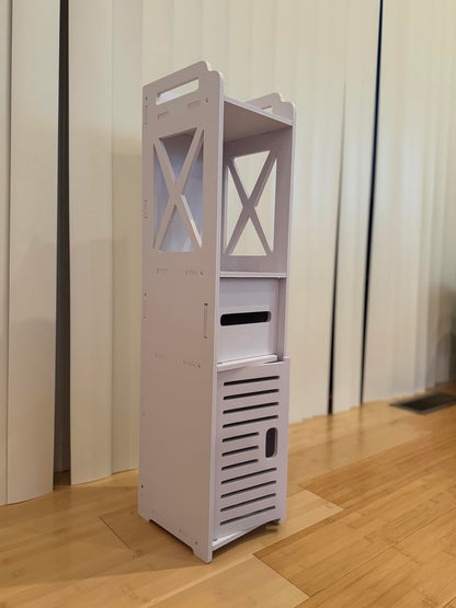 VECELO Pearl White Bathroom Corner Cabinet – Farmhouse-Style Short Storage Shelf with Magnetic Door & Toilet Paper Holder