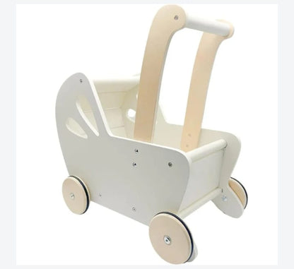 Wooden Toy Stroller for Kids – Classic White Doll Pram
