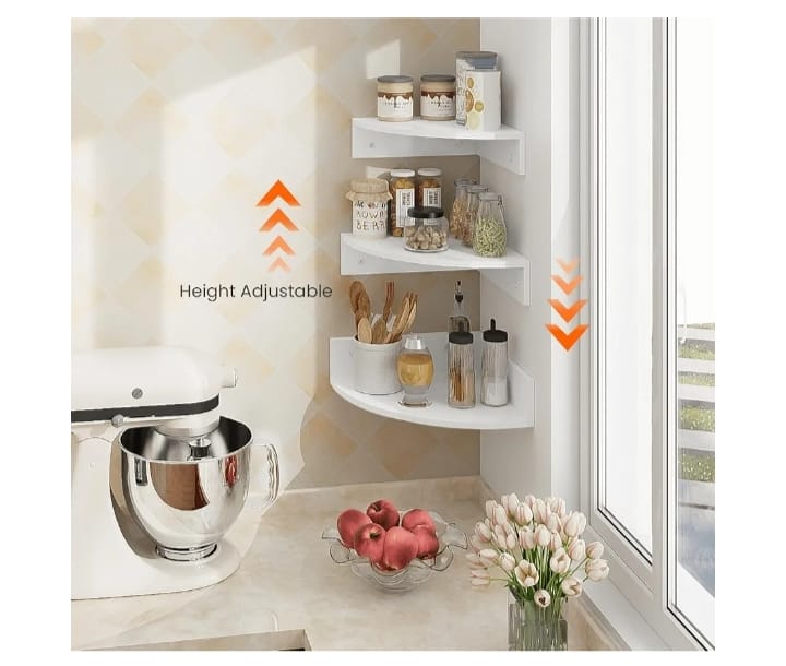 Modern Floating Corner Wall Shelves – Set of 3 Wooden Corner Display Racks for Living Room, Bedroom & Kitchen (White)