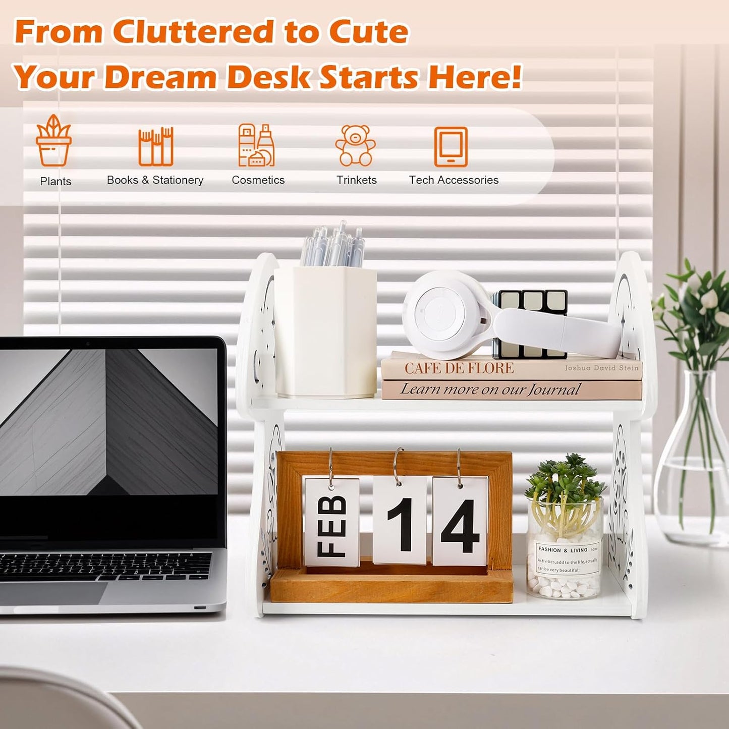 Mini Mushroom Desktop Organizer – Cute White Wooden Shelf for Books, Stationery & Decor | Small Desk Storage Rack for Kids & Women