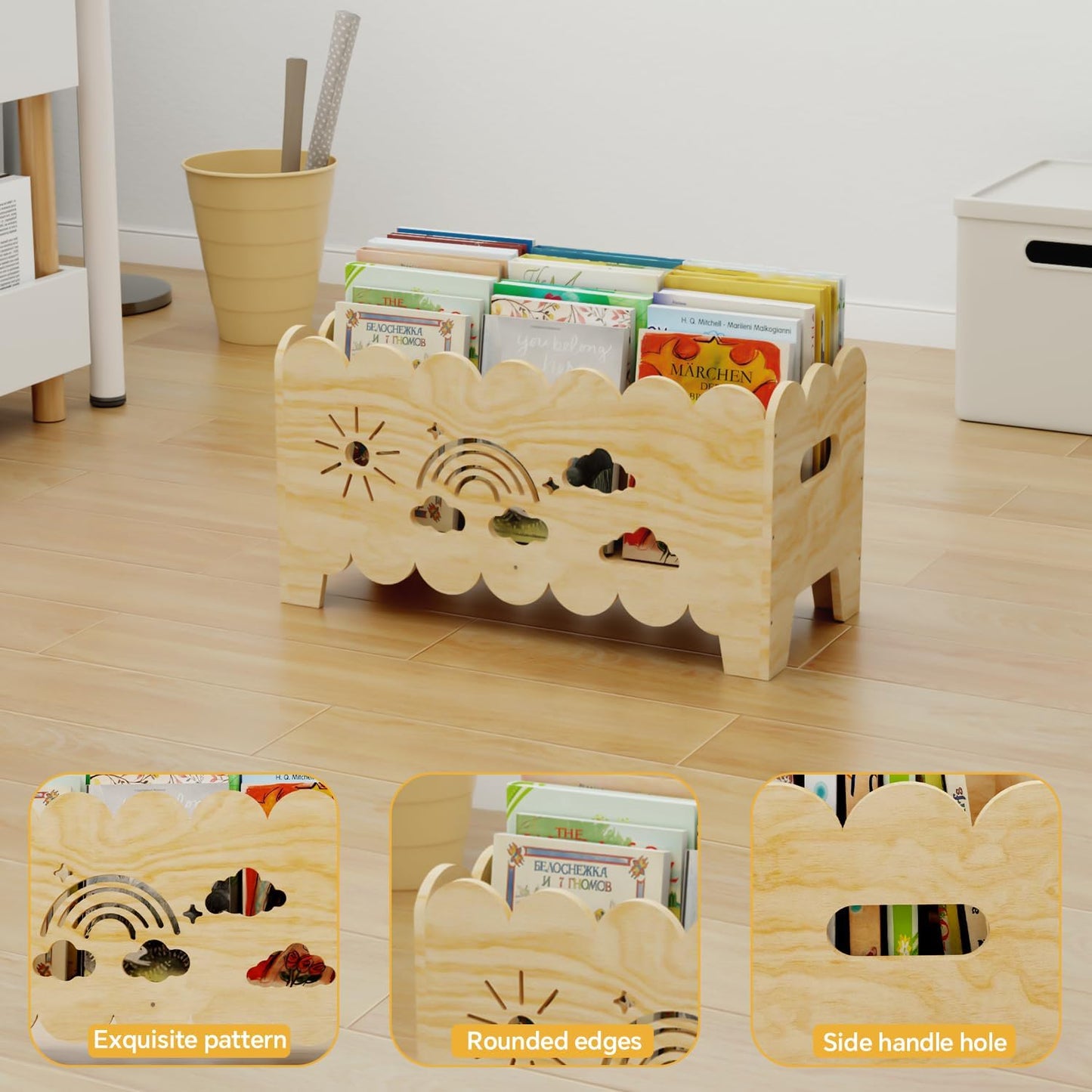 Montessori Wooden Kids Bookshelf & Toy Organizer – Toddler Book Rack for Nursery, Playroom