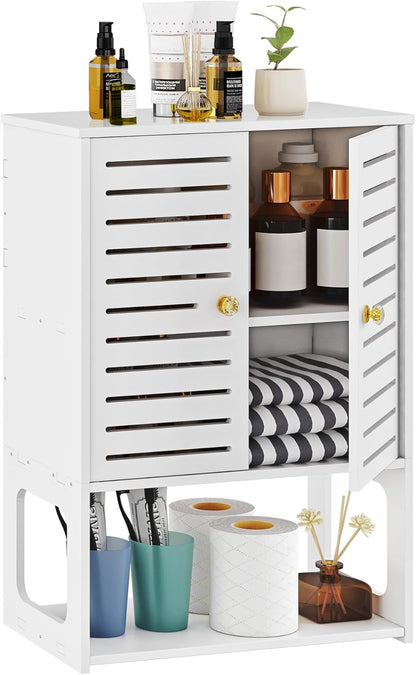 3-Tier Wall Cabinet with Doors – White Bathroom & Kitchen Organizer