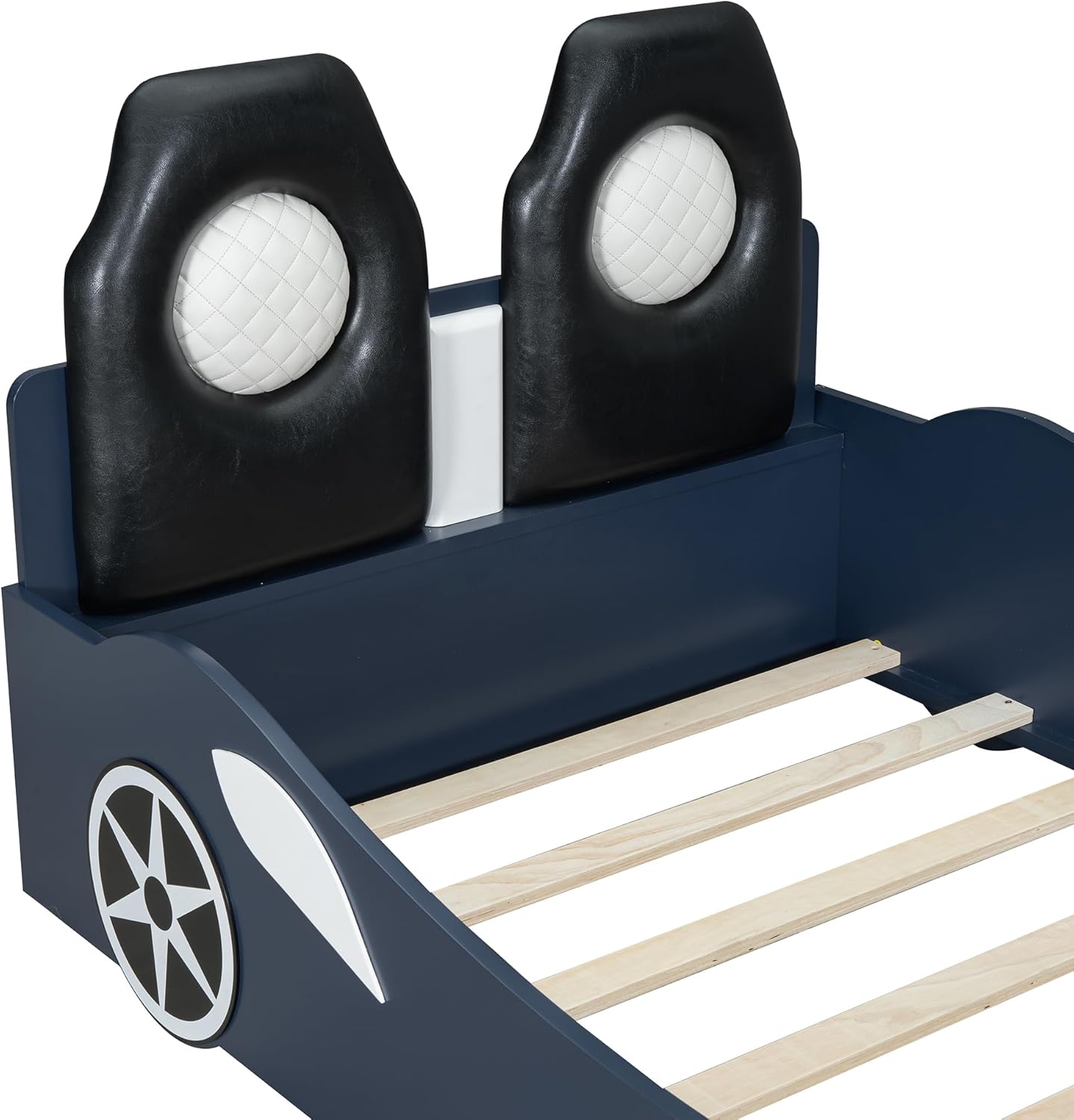 Twin Size Blue Race Car Bed with LED Lights & Upholstered Backrest – Solid Wood Car-Shaped Platform Bed Frame with Dual Seats for Kids & Teens Bedroom