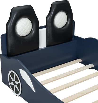 Twin Size Blue Race Car Bed with LED Lights & Upholstered Backrest – Solid Wood Car-Shaped Platform Bed Frame with Dual Seats for Kids & Teens Bedroom