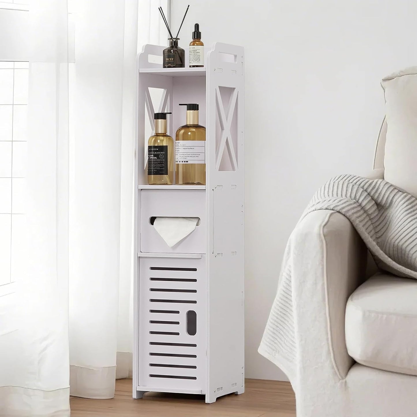 VECELO Pearl White Bathroom Corner Cabinet – Farmhouse-Style Short Storage Shelf with Magnetic Door & Toilet Paper Holder