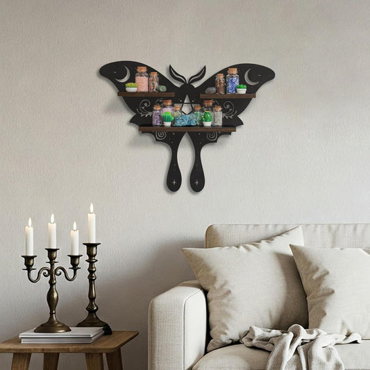 Moth of the Moon Crystal Display Shelf – Wooden Wall-Mounted Organizer for Crystals, Essential Oils & Witchy Home Décor (Style A)