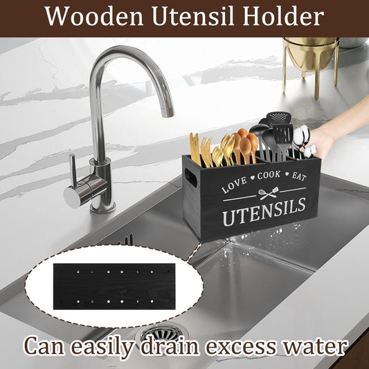 Multi-Use Wooden Utensil Organizer – Farmhouse Kitchen Caddy with 4 Slots & Handles