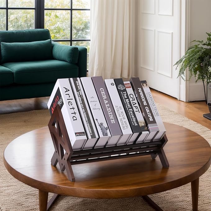 Desktop Bookshelf Organizer – Small Tilting Tabletop Bookcase & Storage Rack for Office, Living Room, or Study (Brown Finish)