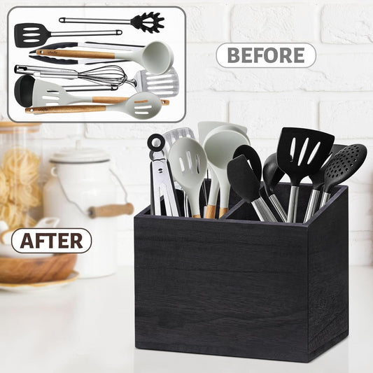 100% Solid Wood Kitchen Utensil Holder – Black Countertop Organizer for Spoons & Tools