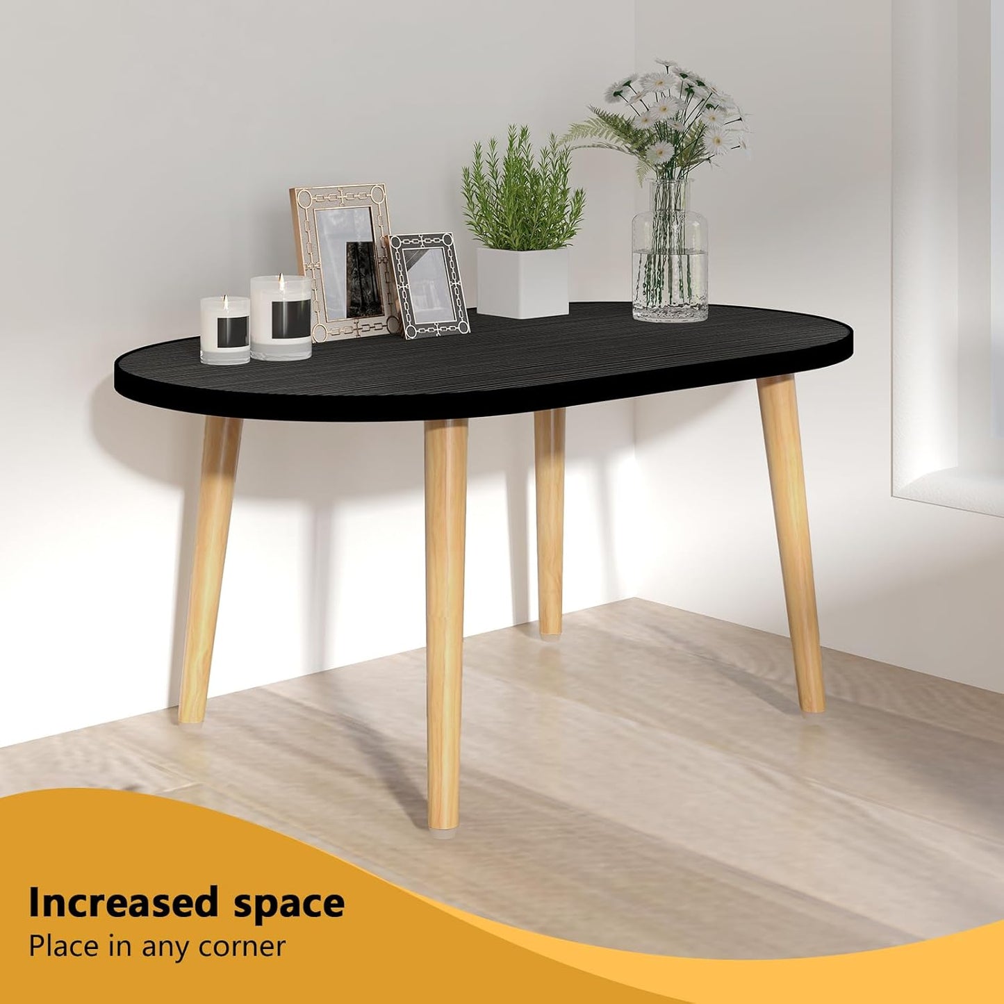 Oval MDF Coffee Table – Low Floor Sitting Table with 4 Solid Wood Legs for Living Room, Bedroom & Study Area