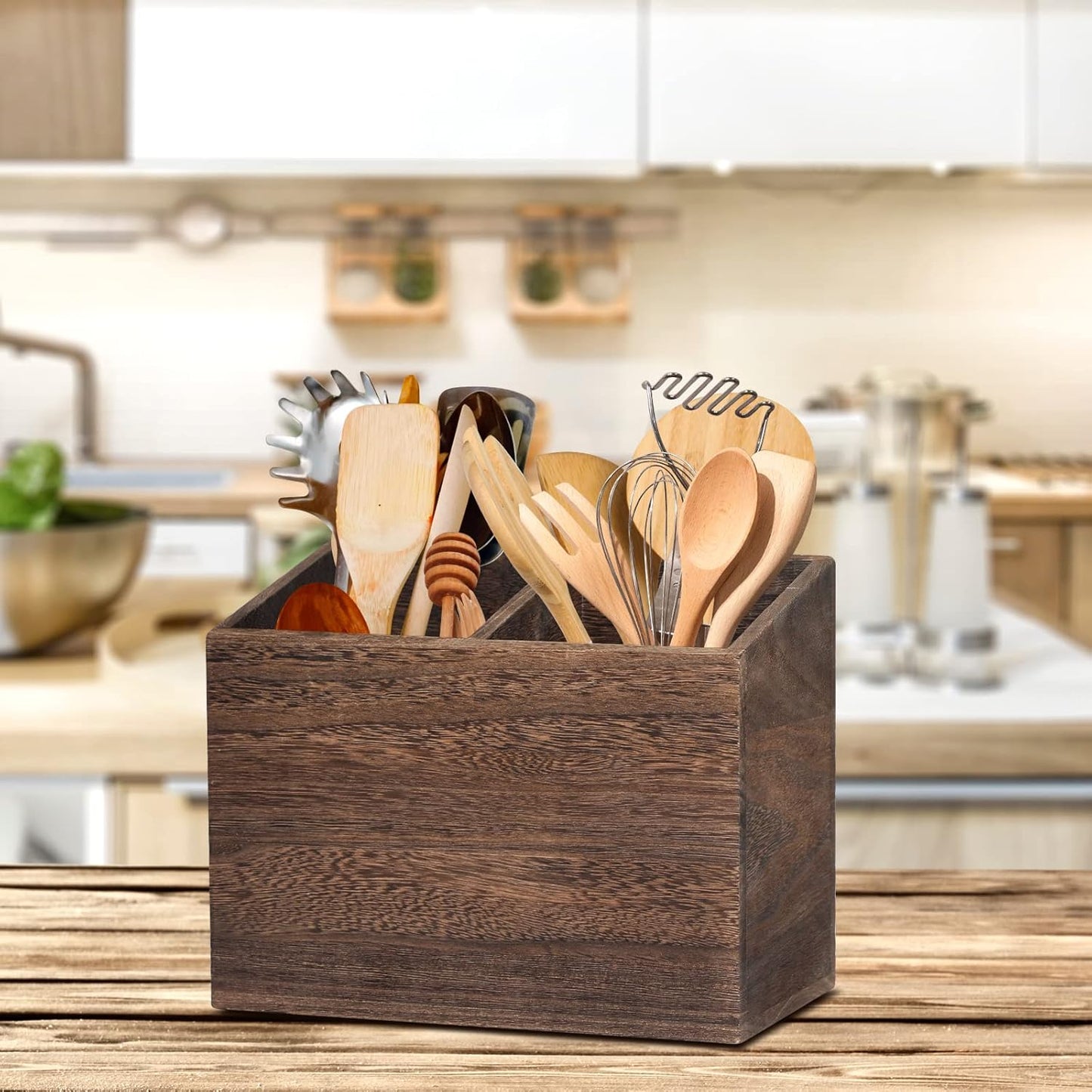 100% Solid Wood Kitchen Utensil Holder – Black Countertop Organizer for Spoons & Tools