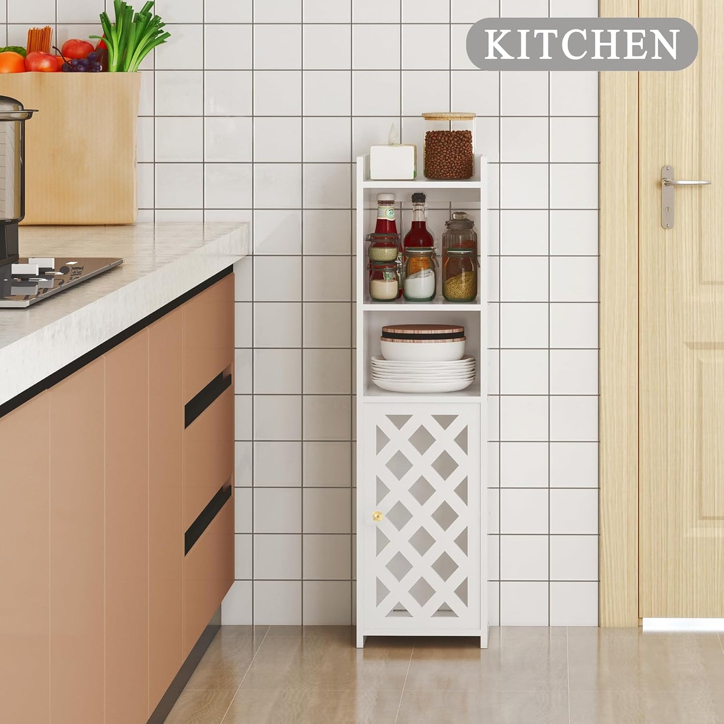 BYFU 4-Tier Slim Bathroom Storage Cabinet – Freestanding White Floor Organizer with Door & Open Shelves for Bathroom, Kitchen, or Living Room