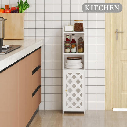 Slim Freestanding Bathroom Storage Cabinet – Compact Organizer with Door & Open Shelf for Narrow Spaces, Kitchen & Living Room