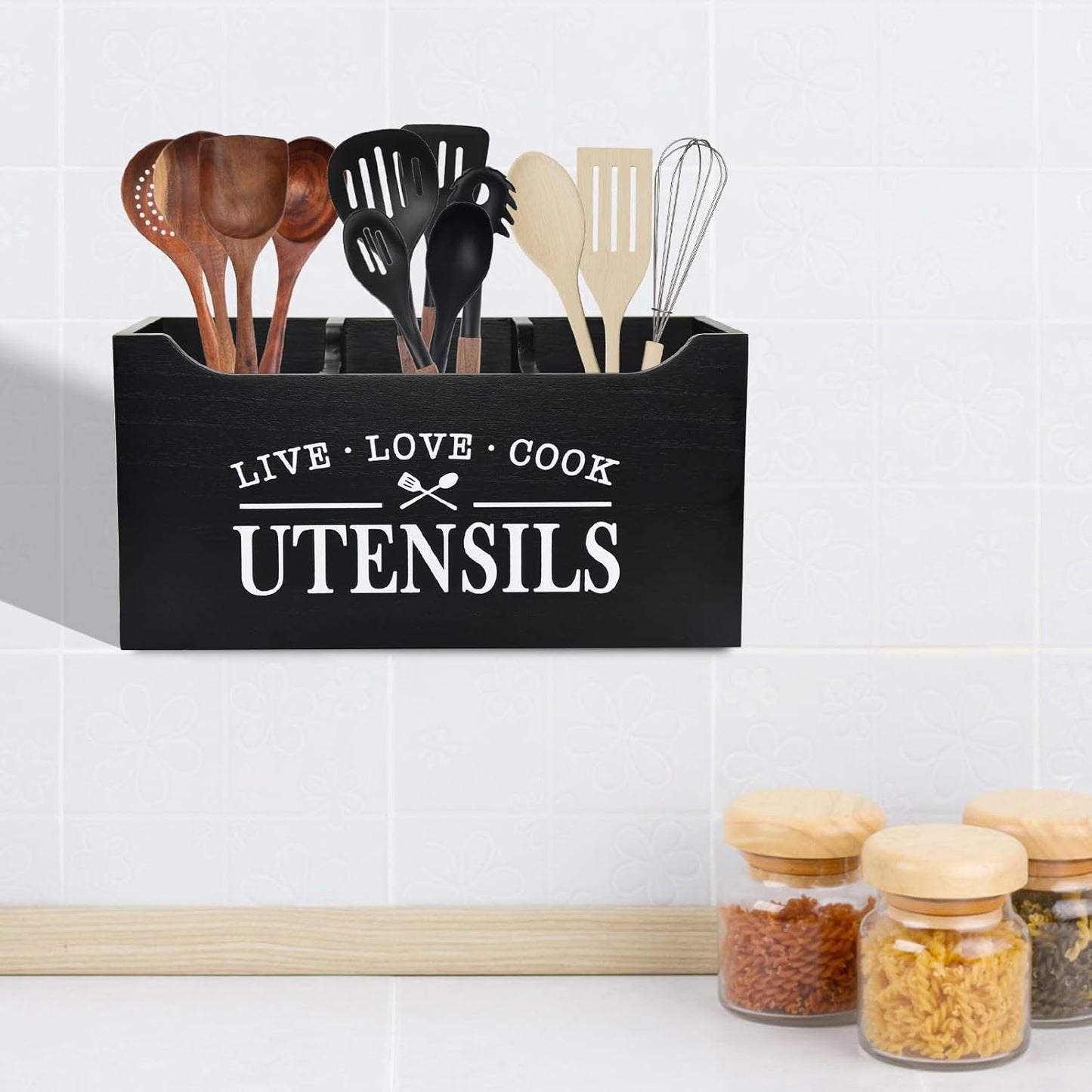 Large Wooden Utensil Holder for Kitchen Counter – “Live Love Cook” Decorative Organizer