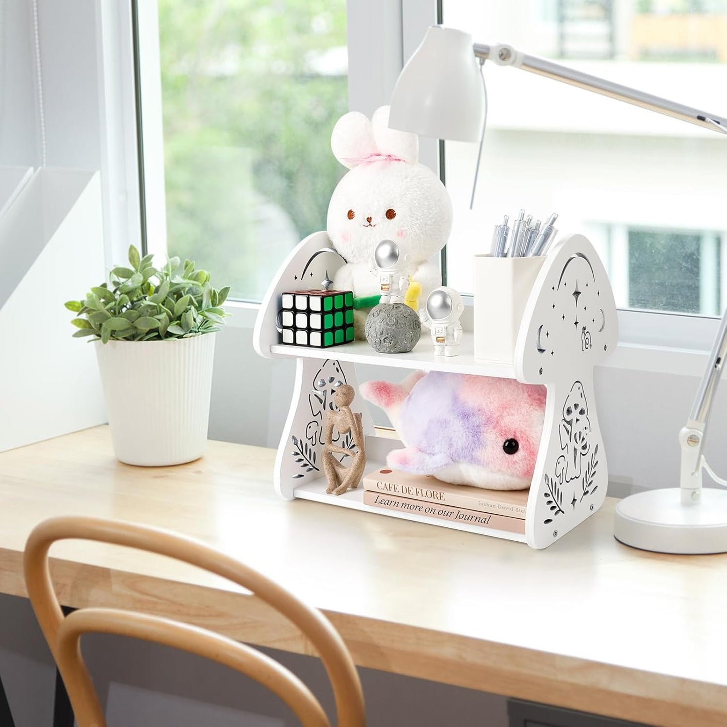 Mini Mushroom Desktop Organizer – Cute White Wooden Shelf for Books, Stationery & Decor | Small Desk Storage Rack for Kids & Women