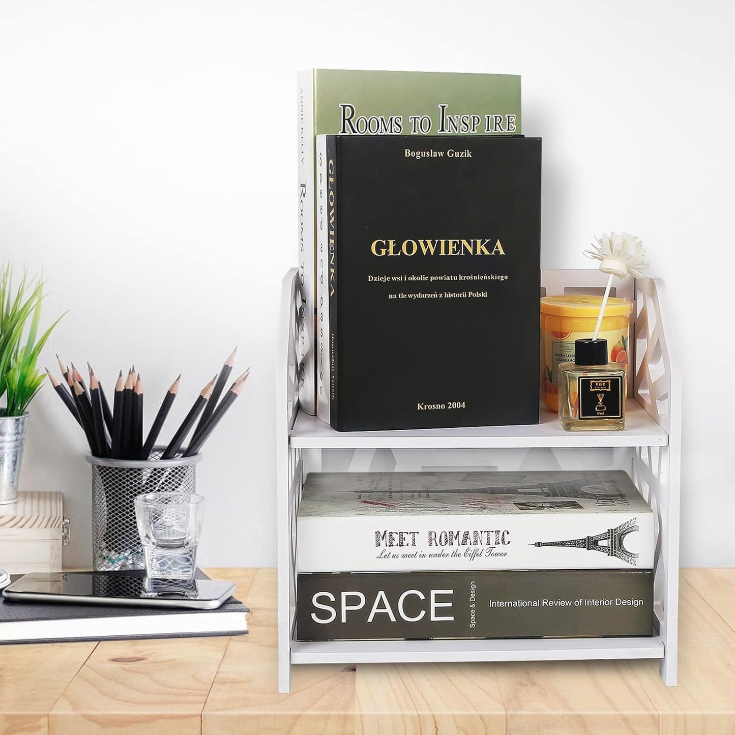 Small White Desk Bookshelf – Compact & Stylish Organizer for Office, Students & Makeup