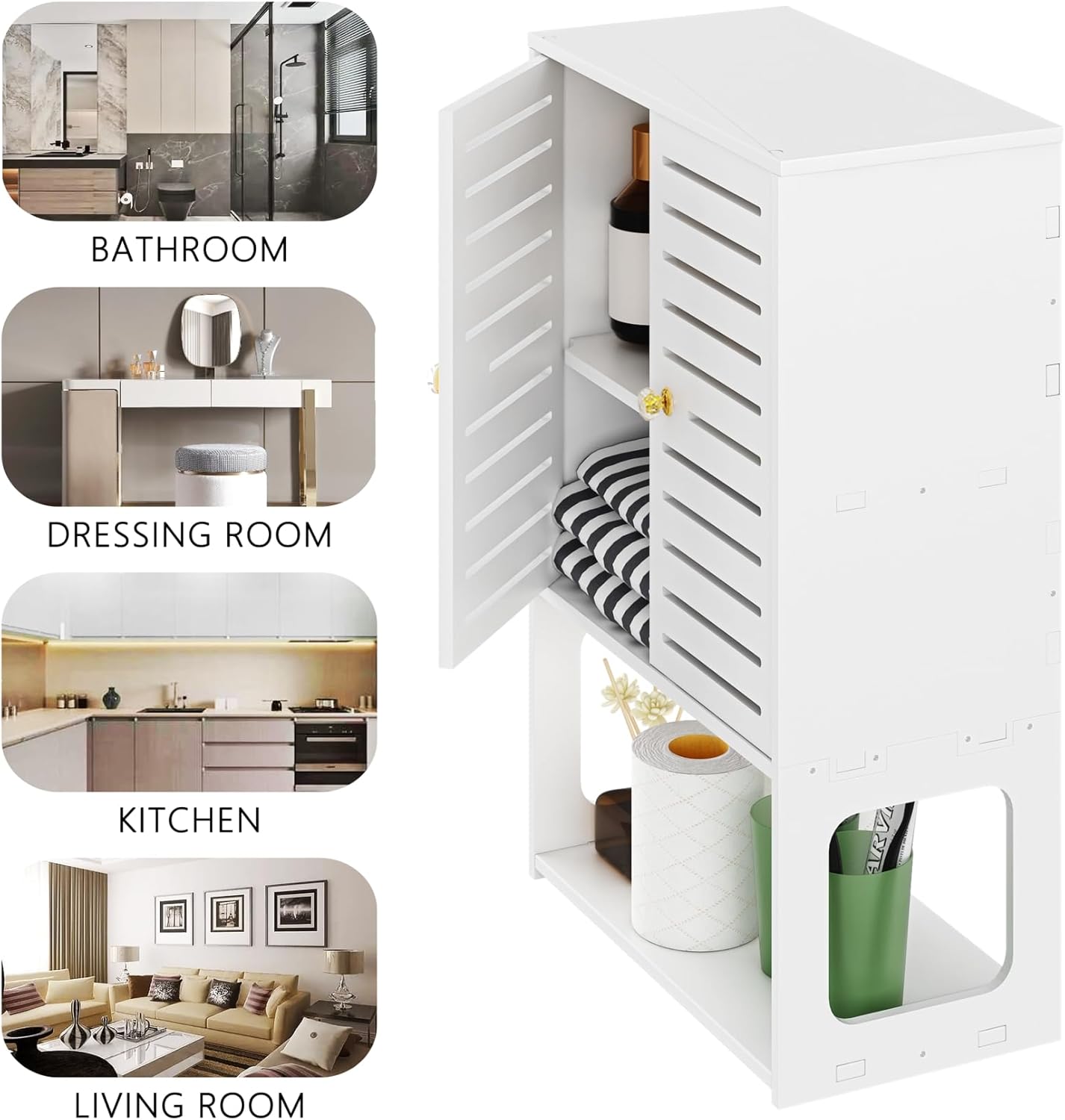 3-Tier Wall Cabinet with Doors – White Bathroom & Kitchen Organizer