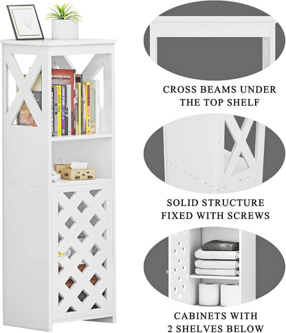5-Tier White Bathroom Floor Cabinet with Door & Open Shelf – Space-Saving Storage.