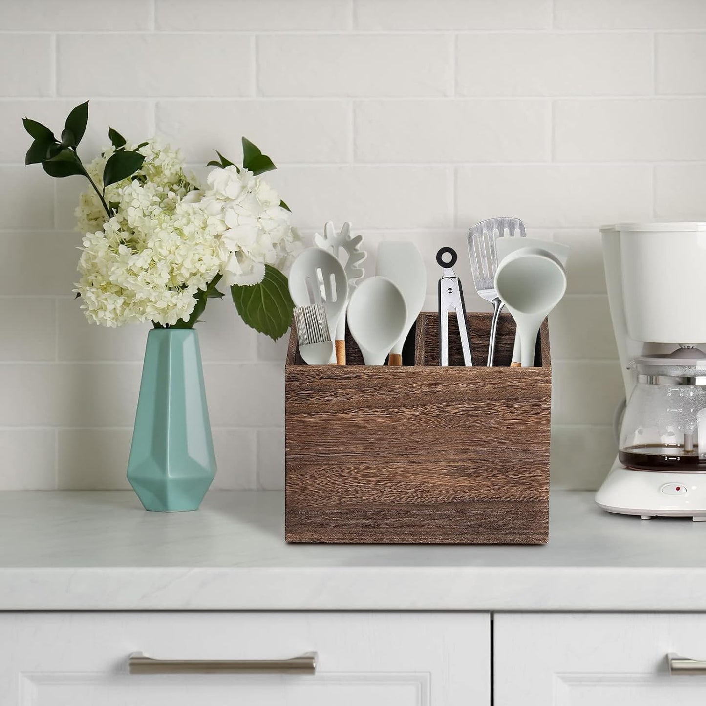 100% Solid Wood Kitchen Utensil Holder – Black Countertop Organizer for Spoons & Tools