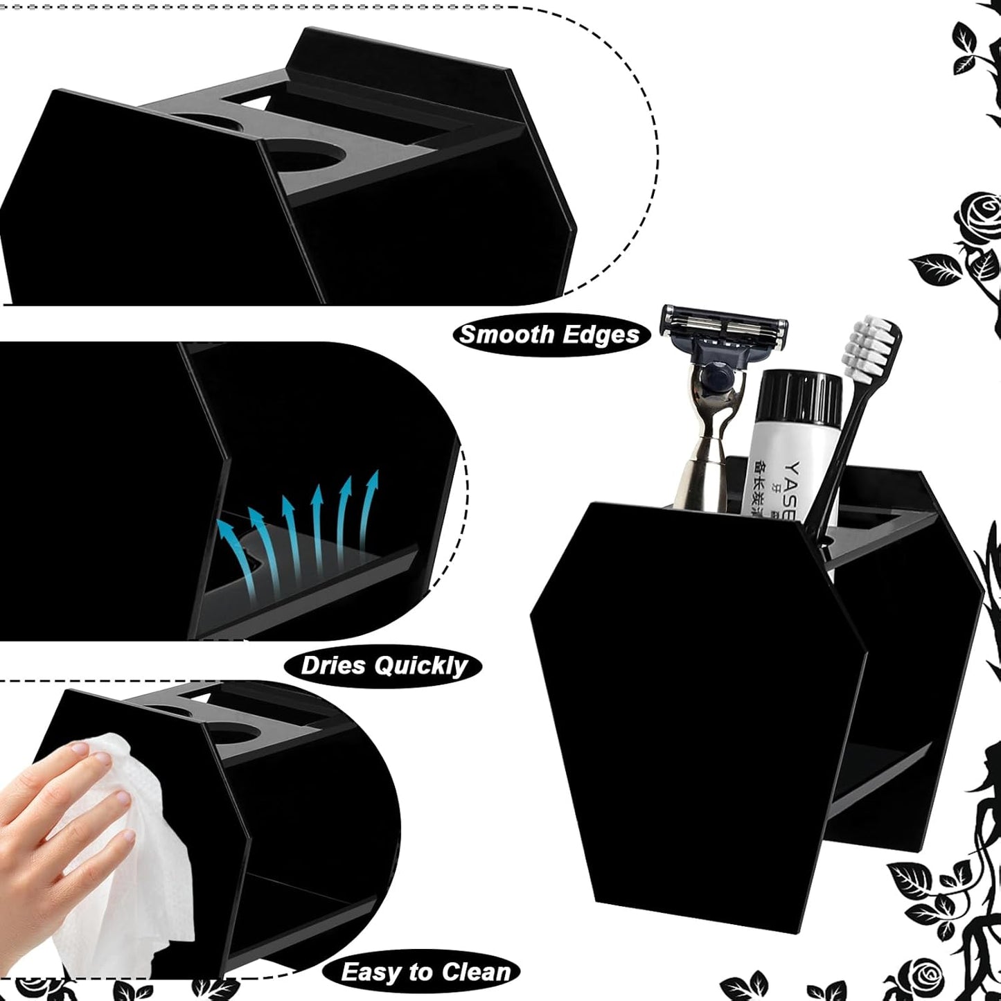 Coffin-Shaped Gothic Toothbrush Holder – Black Acrylic 3-Slot Bathroom Organizer | Spooky Halloween Decor & Gothic Bathroom Accessories