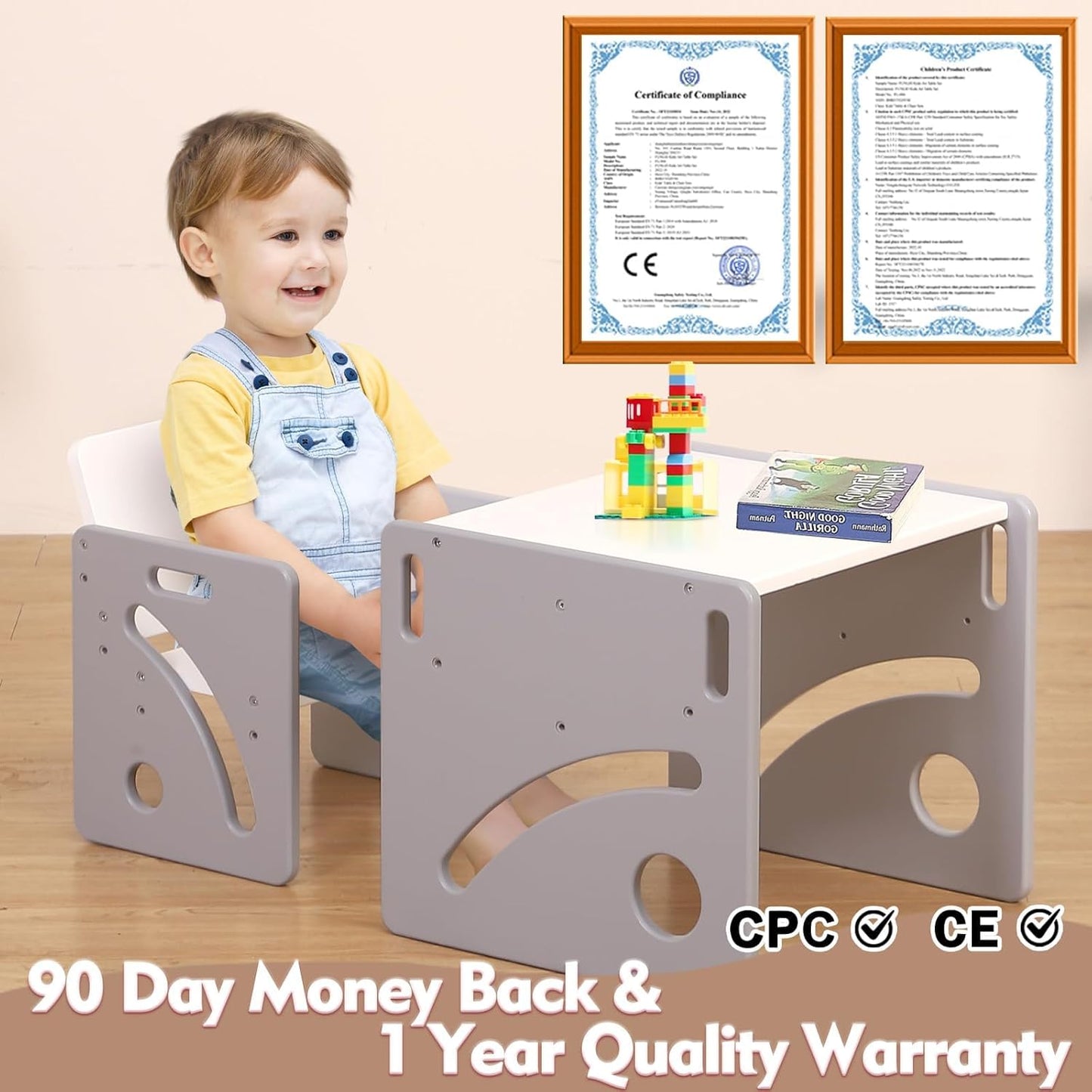FUNLIO Montessori Toddler Table & Chair Set – Adjustable Wooden Weaning Set for Ages 1-3, Grey