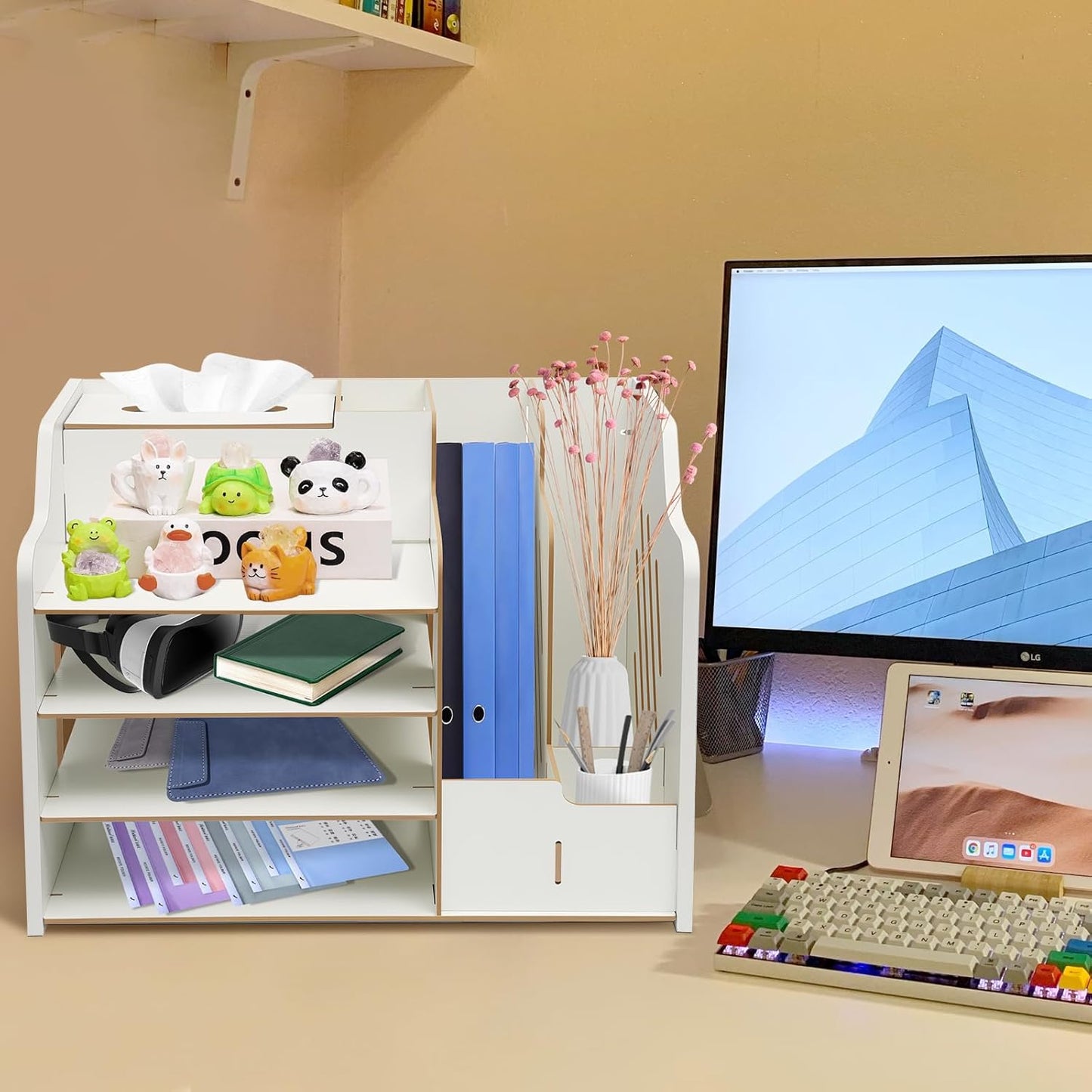 4-Layer Wooden Desktop Organizer with Tissue Box & Pen Holder – White Office Desk Storage Rack for Stationery, Files & Accessories