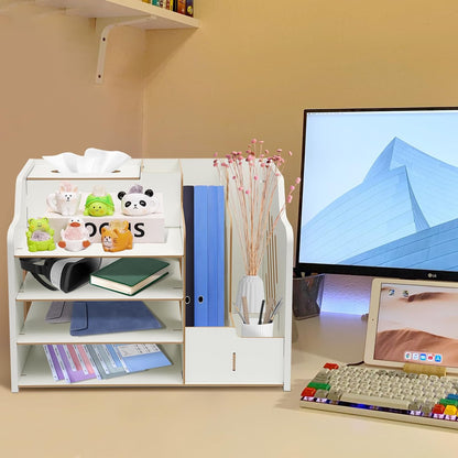 4-Layer Wooden Desktop Organizer with Tissue Box & Pen Holder – White Office Desk Storage Rack for Stationery, Files & Accessories